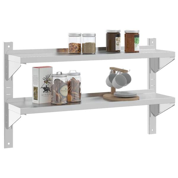vidaXL 2-Tier Wall Shelf 100x23.5x60 cm Silver Stainless Steel