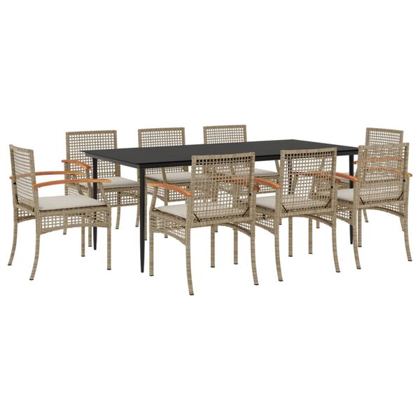 vidaXL 9 Piece Garden Dining Set with Cushions Beige Poly Rattan