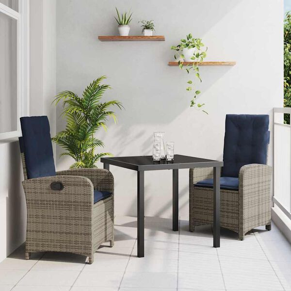 vidaXL Garden Dining Set with Cushion 3 pcs Grey Poly Rattan