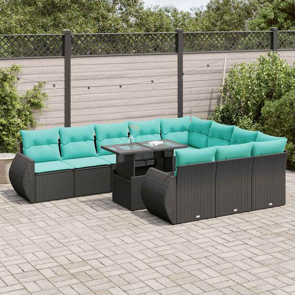 vidaXL 11 Piece Garden Sofa Set with Cushions Black Poly Rattan Acacia