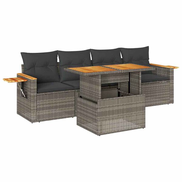 vidaXL 5 Piece Garden Sofa Set with Cushions Grey Poly Rattan Acacia