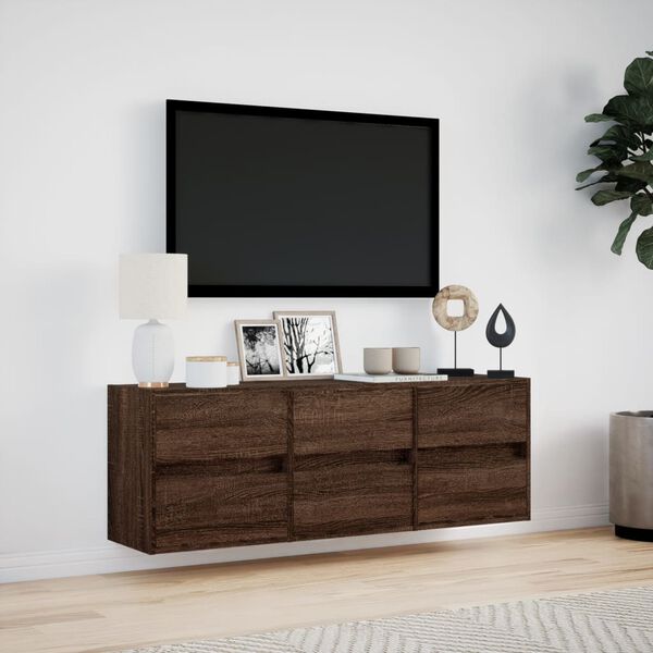 vidaXL TV Wall Cabinet with LED Lights Brown Oak 130x31x45 cm