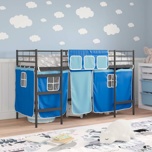 vidaXL Kids'Loft Bed Frame with Curtains Black and Blue 99.5 x 190 cm