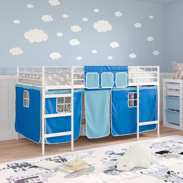 vidaXL Kids'Loft Bed Frame with Curtains White and Blue 79.5 x 200 cm