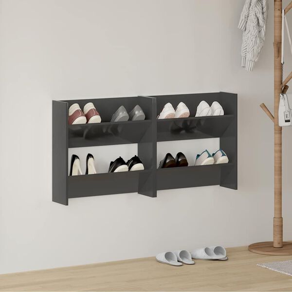 vidaXL Wall Shoe Cabinets 2 pcs High Gloss Grey 60x18x60 cm Engineered Wood