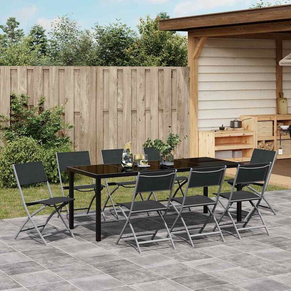 vidaXL Garden Dining Set Folding 9 pcs Black Powder-Coated Steel