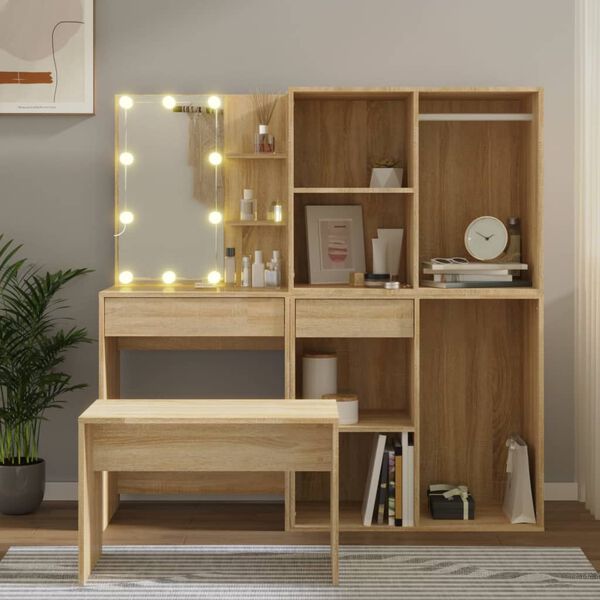 vidaXL Dressing Table Set with LED Sonoma Oak Engineered Wood