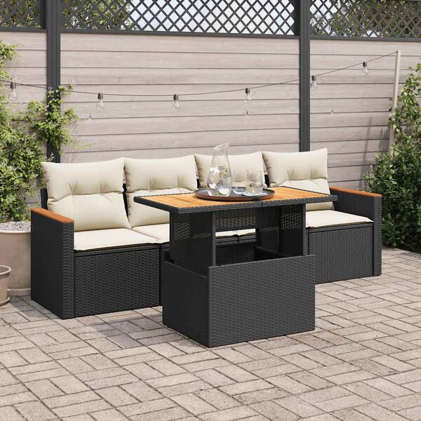 vidaXL 5 Piece Garden Sofa Set with Cushions Black Poly Rattan Acacia