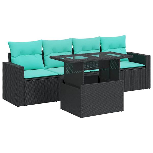 vidaXL 5 Piece Garden Sofa Set with Cushions Black Poly Rattan Acacia