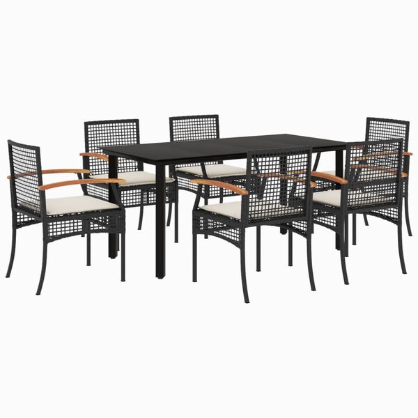 vidaXL 7 Piece Garden Dining Set with Cushions Black Poly Rattan