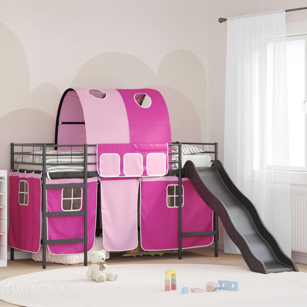 vidaXL Kids'Loft Bed Frame with Curtains, Arch, Slide Black and Pink