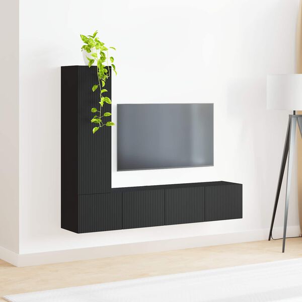 vidaXL TV Cabinet Set Wall-mounted 3 pcs Black Engineered Wood