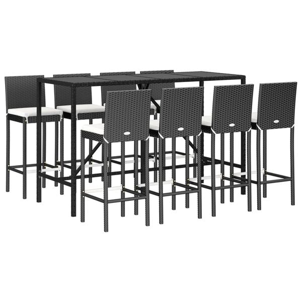 vidaXL 9 Piece Garden Bar Set with Cushions Black Poly Rattan