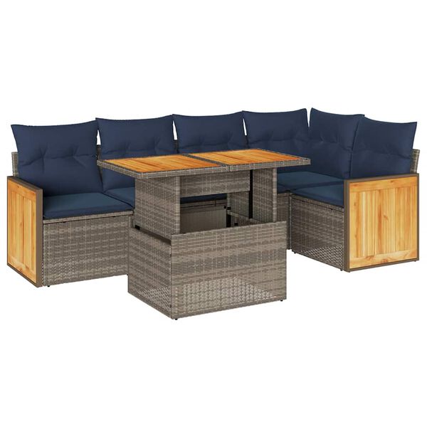 vidaXL 6 Piece Garden Sofa Set with Cushions Grey Poly Rattan Acacia
