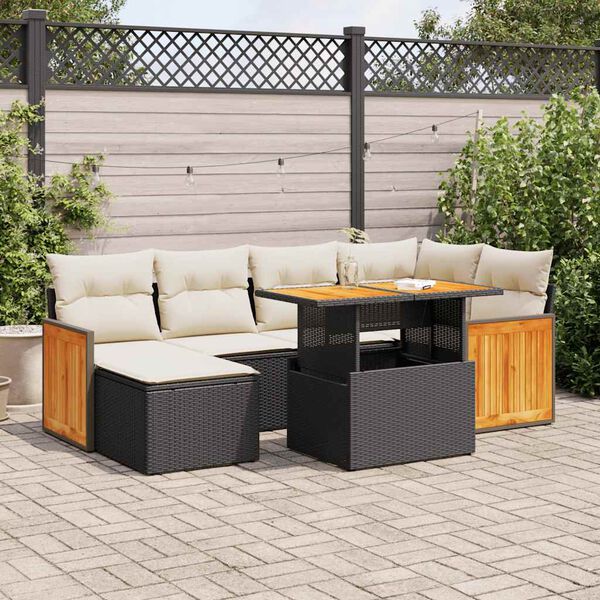 vidaXL 7 Piece Garden Sofa Set with Cushions Black Poly Rattan Acacia