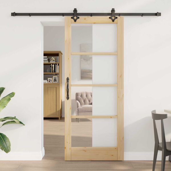 vidaXL Sliding Door Natural 83 x 202 cm Solid Pine Wood and Glass