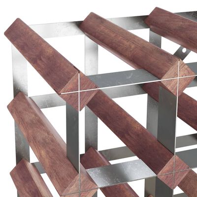 Close-up of metal frame with wooden slats forming diagonal supports of a wine rack.