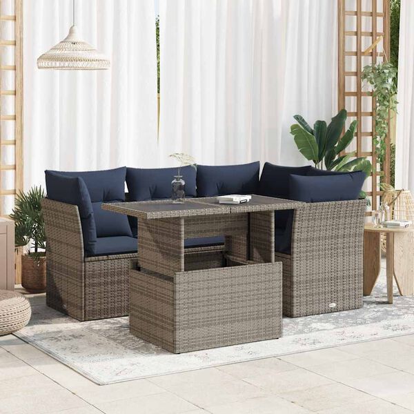vidaXL 5 Piece Garden Sofa Set with Cushions Grey Poly Rattan Acacia