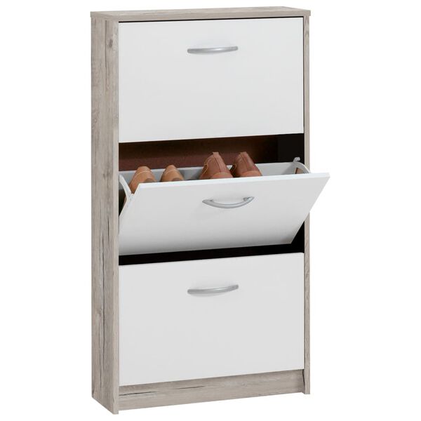 FMD Shoe Cabinet with 3 Tilting Compartments White and Oak