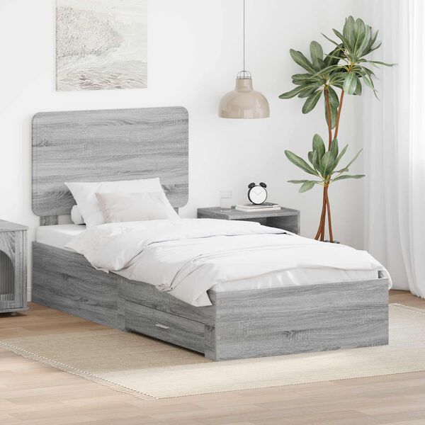 vidaXL Bed Frame with Drawer Grey Sonoma 90 x 190 cm Engineered Wood