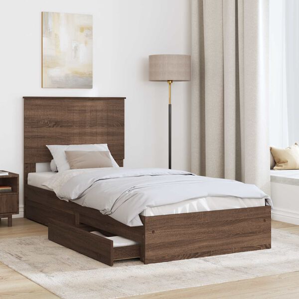 vidaXL Storage Bed with Drawer Brown Oak 90 x 200 cm Engineered Wood