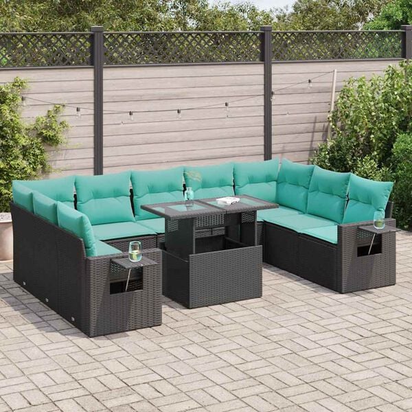 vidaXL 10 Piece Garden Sofa Set with Cushions Black Poly Rattan Acacia