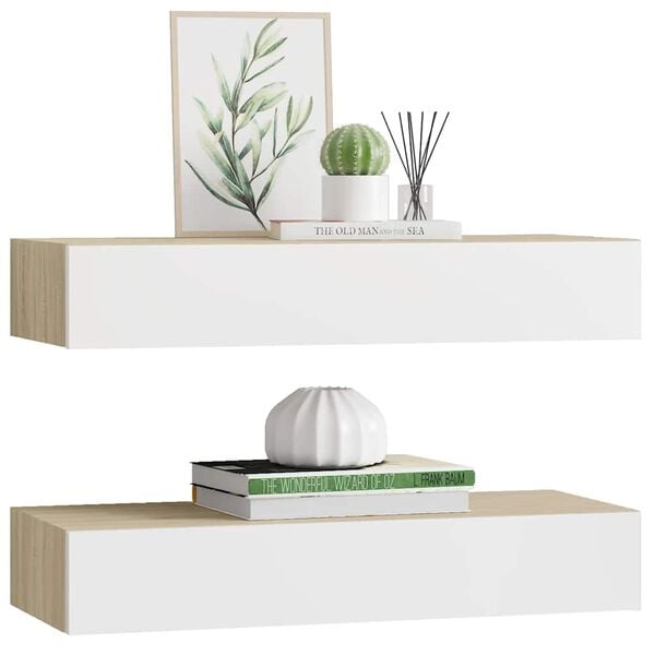 vidaXL Wall Drawer Shelves 2 pcs Oak and White 60x23.5x10cm MDF