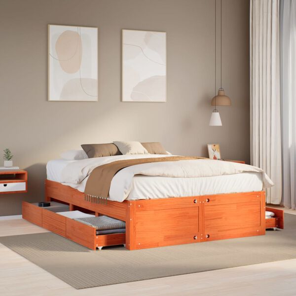 vidaXL Bed Frame without Mattress with Drawers Wax Brown 140x200 cm Solid Wood Pine
