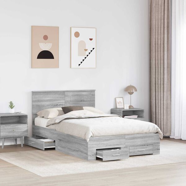 vidaXL Bed Frame with Drawer Grey Sonoma 135 x 190 cm Engineered Wood