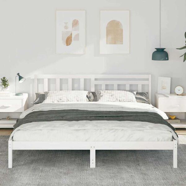 vidaXL Bed Frame with Headboard White 200 x 200 cm Solid Pine Wood
