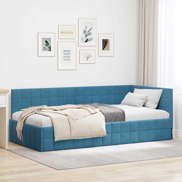 vidaXL Corner Bed Frame with Headboard Blue 100 cm x 200 cm Velvet