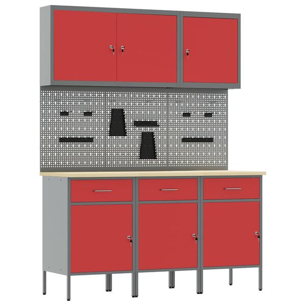 vidaXL Work Cabinet with Drawer 8 pcs Red Engineered Wood and Steel