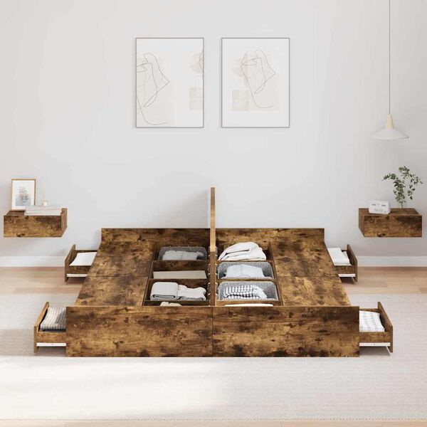 vidaXL Storage Bed Frame Smoked Oak 135 x 190 cm Engineered Wood