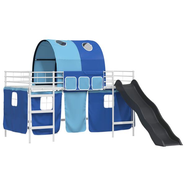 vidaXL Kids'Loft Bed Frame with Curtains, Arch, Slide White and Blue