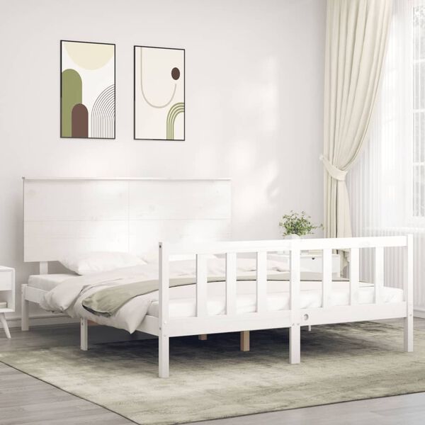 vidaXL Bed Frame without Mattress White King Size Solid Wood Pine