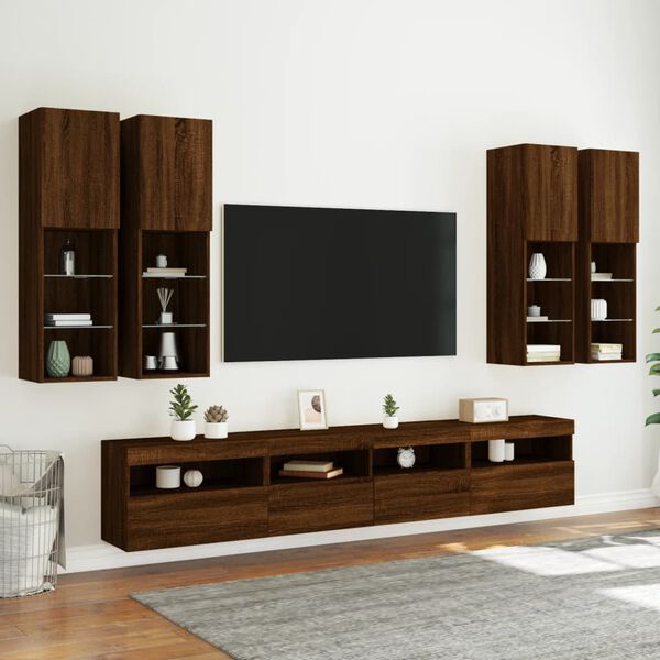 vidaXL 7 Piece TV Wall Cabinet Set with LED Lights Brown Oak