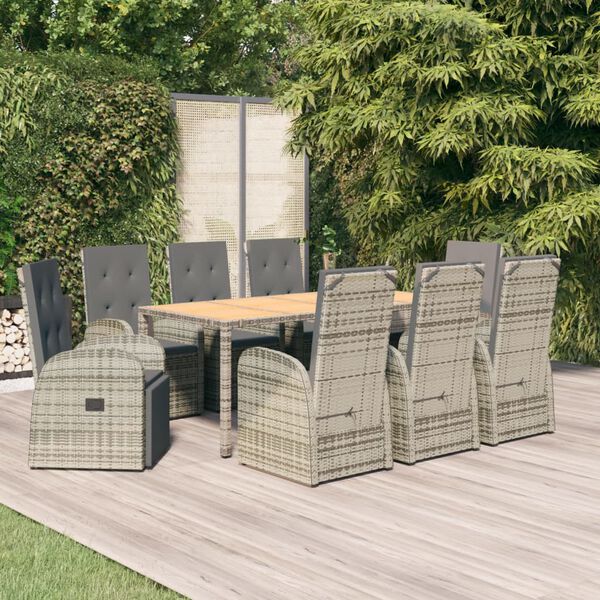 vidaXL 9 Piece Garden Dining Set Grey Poly Rattan&Solid Wood Acacia
