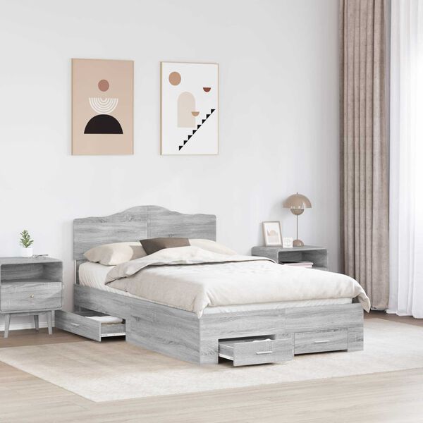 vidaXL Bed Frame with Drawer Grey Sonoma 120 x 190 cm Engineered Wood