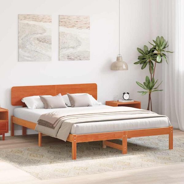 vidaXL Bed Frame with Headboard Wax Brown 160 x 200 cm Solid Pine Wood