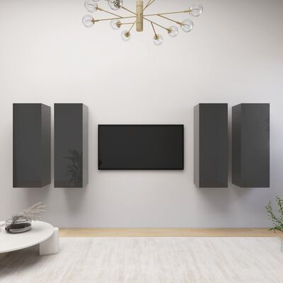 vidaXL TV Cabinets 4 pcs High Gloss Grey 30.5x30x90 cm Engineered Wood