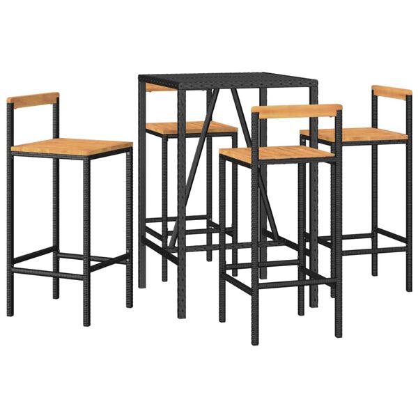 vidaXL 5 Piece Garden Bar Set Black Poly Rattan& Solid Wood Acacia