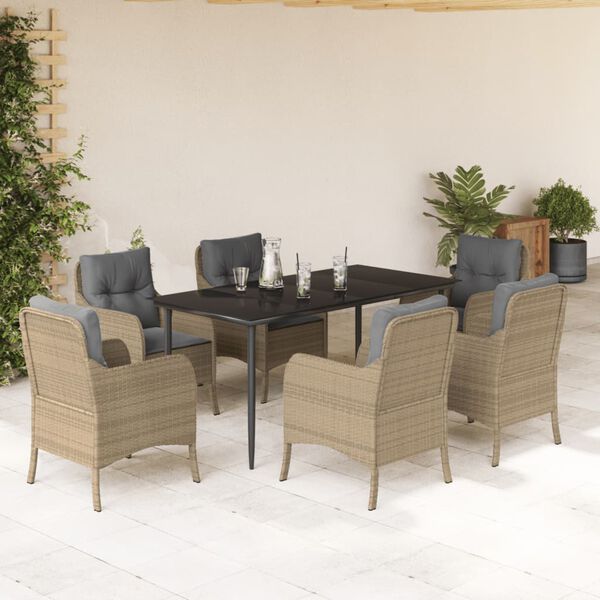 vidaXL 7 Piece Garden Dining Set with Cushions Beige Poly Rattan