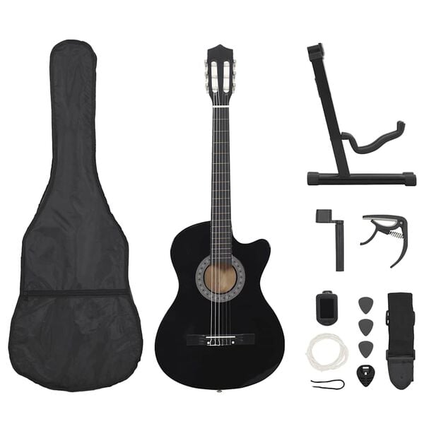vidaXL 12 Piece Western Classical Guitar Set with 6 Strings Black 38"