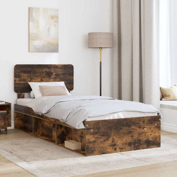 vidaXL Bed Frame with Headboard Smoked Oak 90 x 200 cm Solid Pine Wood