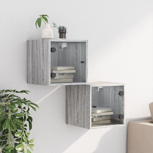 vidaXL Bedside Cabinets with Glass Doors 2 pcs Grey Sonoma 35x37x35 cm