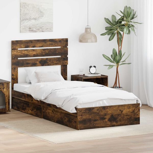 vidaXL Storage Bed with Drawer Smoked Oak 90 x 200 cm Engineered Wood