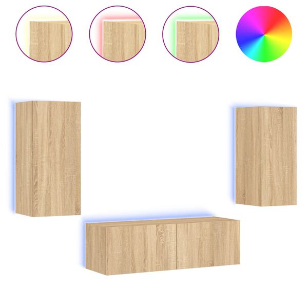 vidaXL 3 Piece TV Wall Cabinets with LED Lights Sonoma Oak