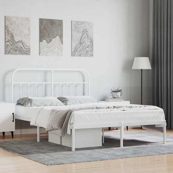vidaXL Metal Bed Frame without Mattress with Headboard White 140x200cm