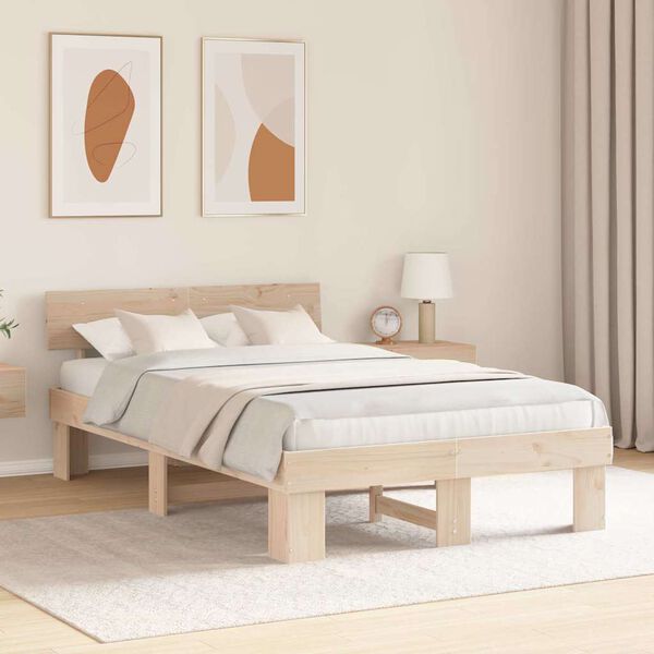 vidaXL Bed Frame with Headboard Natural 135 x 190 cm Solid Pine Wood