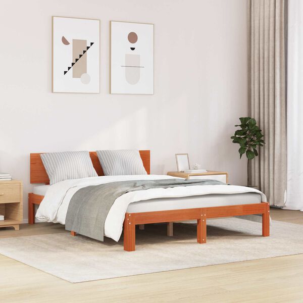 vidaXL Bed Frame with Headboard Wax Brown 135 x 190 cm Solid Pine Wood